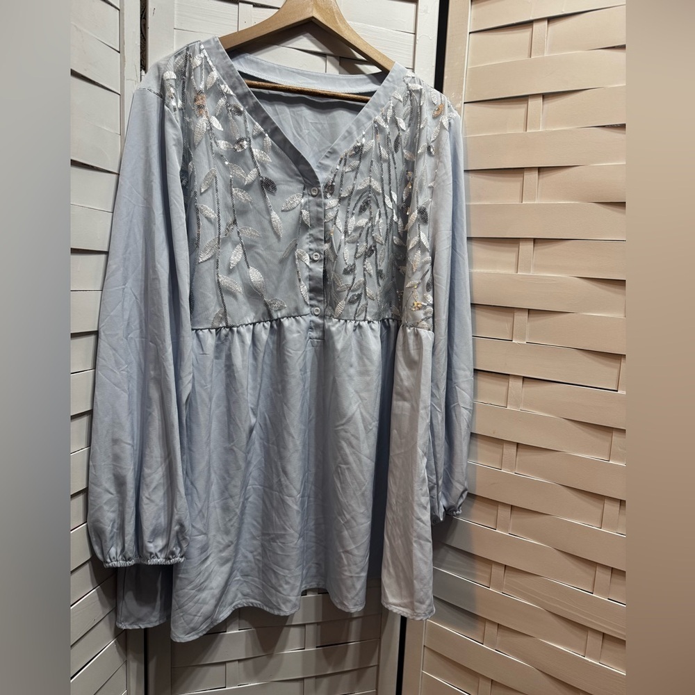 Baby Blue Dress with Leafy Embroidered Details